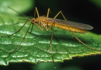 Golden Brown Mosquito Perched on Green Leaf