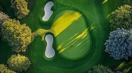 Aerial view of a golfer putting on a lush green course surrounded by trees at sunset
