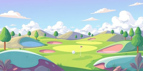 Obraz premium Lush Green Golf Course Surrounded by Towering Trees Offering a Peaceful Retreat for Enthusiasts