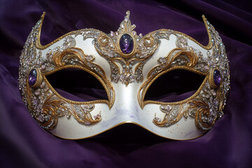 Ornate decorative mask on rich purple background
