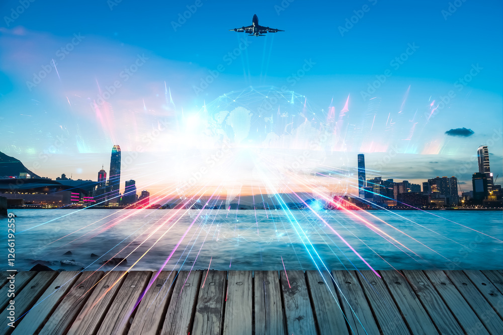 Poster hong kong skyline with double exposure effect shows a growing concept as an airplane takes off above