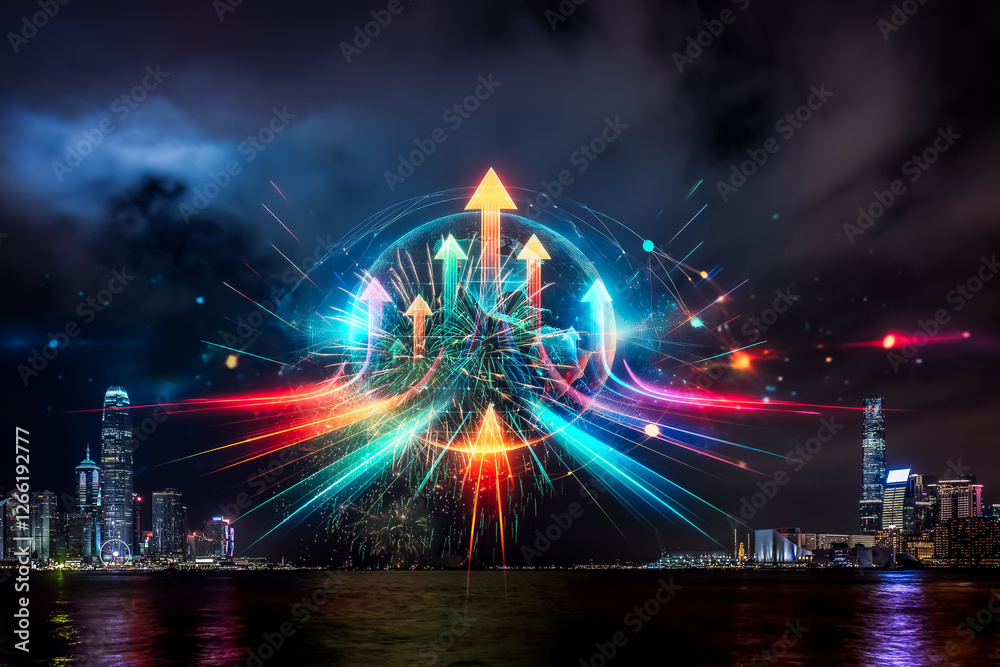 Poster a double exposure concept of hong kong at night. arrows growing up from the city explode in vibrant 