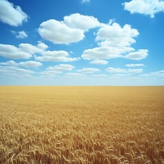 Naklejka premium Golden wheat field under blue sky, summer, rural landscape, idyllic scene, nature background