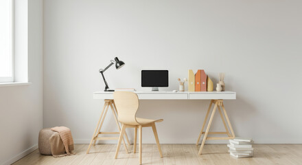 A white desk with a computer and a chair