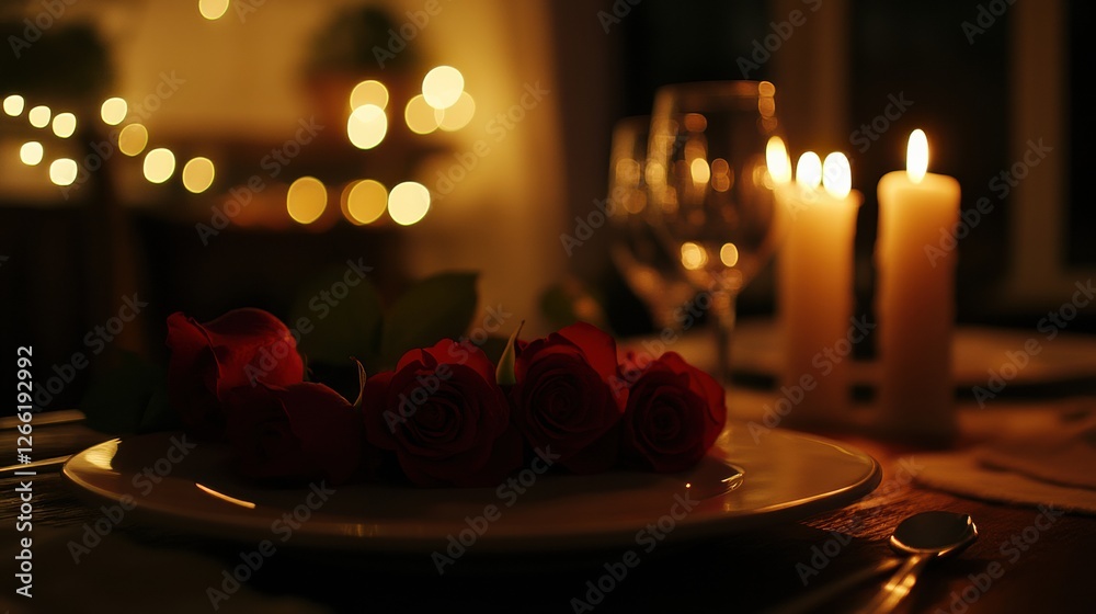 Poster Romantic dinner setting with roses and candles creating a cozy atmosphere for a special evening. Generative AI