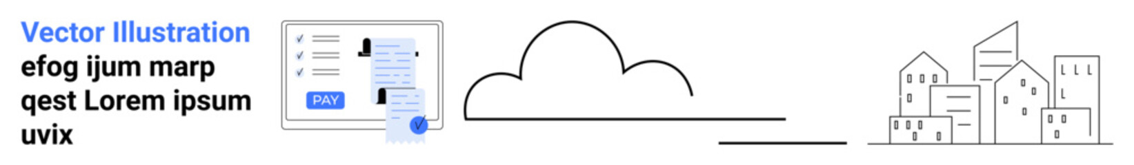 Digital document on a screen, cloud, and urban buildings convey data sharing, analytics, cloud storage, connectivity, technology, modern life, and workflow abstract line flat metaphor