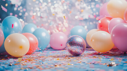 Vibrant celebration with colorful balloons and confetti indoor festivity decorative setup cheerful atmosphere