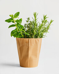 Naklejka premium Fresh herbs growing in a stylish paper pot on a light background showcasing vibrant green colors