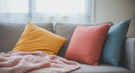 A couch with a blanket and pillows on it