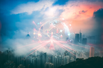 Hong Kong cityscape with a double exposure effect, showing a growing network concept over the urban skyline, reaching up into the cloudy sky.