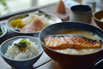 Traditional Japanese breakfast with miso soup, grilled salmon, and rice on wooden table. 