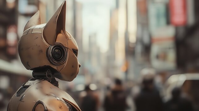 Close up profile view of a golden robotic cat standing in a blurred city background, showcasing detailed metallic texture and soft lighting, suggesting a futuristic or cyberpunk setting - Powered by Adobe