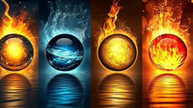 Four elemental spheres representing fire, water, earth, and air against a reflective surface in an artistic composition