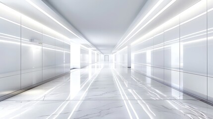 Sleek futuristic corridor with glowing walls, light reflections and ultra-modern design