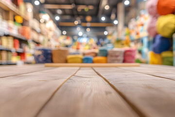 Wooden Surface with Blurred Retail Store Background