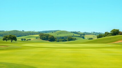 Fototapeta premium Lush Green Golf Course Under Bright Blue Sky with Fluffy White Clouds Offering a Tranquil Atmosphere