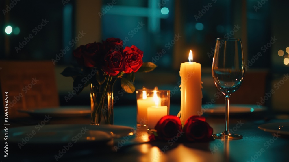 Poster romantic candlelit dinner setting with red roses and soft lighting in a cozy dining area. generative