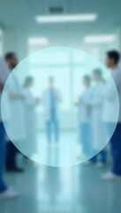 Medical professionals engage in discussion within a clinic characterized by rounded translucent backgrounds. Semi-transparent circle for text. Clinic or hospital. Patients and doctors. Generative AI