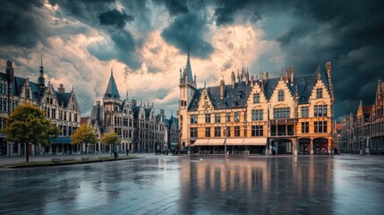 Fototapeta premium Belgian city square, historic buildings, dramatic sky, rain reflecting buildings