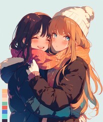  two girls smiling and hugging in winter, with pastel color swatches beside them