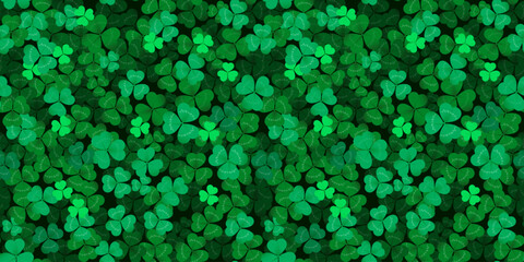 Clover leaf background or shamrock pattern for Patrick day background. Vector realistic shamrock clover leaves field background