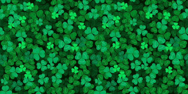 Clover leaf background or shamrock pattern for Patrick day background. Vector realistic shamrock clover leaves field background