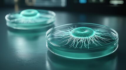 Glowing bioluminescent organisms in petri dishes.