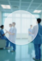 Medical professionals engage in discussion within a clinic characterized by rounded translucent backgrounds. Semi-transparent circle for text. Clinic or hospital. Patients and doctors. Generative AI