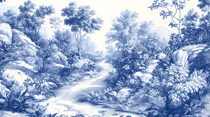 Classic Toile de Jouy Style Artwork Featuring a Forest River Landscape