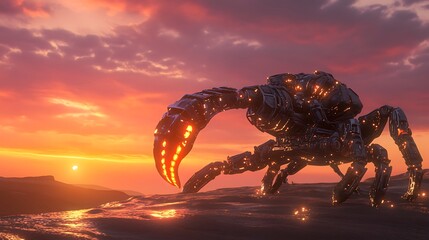Massive mechanical crab silhouette against a vibrant sunset landscape, detailed with glowing orange accents and pixelated texture, standing on dark ground near a reflective water surface, warm toned