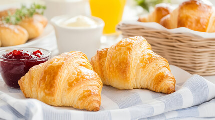 Freshly baked croissants with jam and cream on cozy breakfast table