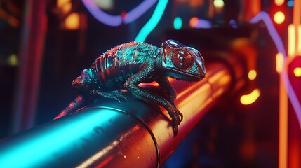 A detailed close up shot reveals a metallic, textured chameleon perched atop a vibrant teal and copper pipe, set against a backdrop of blurred neon lights in shades of pink, blue, and orange. The