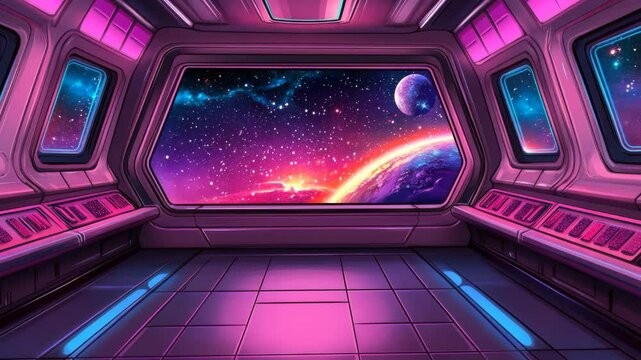 Futuristic space station interior with vibrant cosmic view during an intergalactic journey