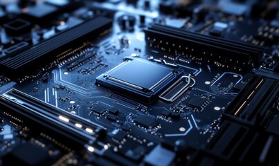 Fototapeta premium Close-up of a complex circuit board showcasing electronic components and connections.
