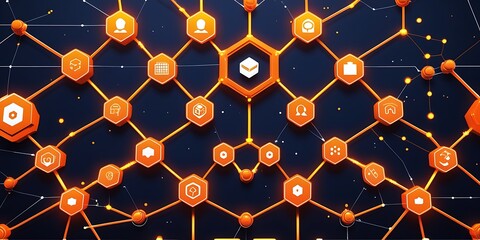 Futuristic digital network with interconnected orange hexagonal nodes on a dark background. Abstract concept of data communication, cybersecurity, and blockchain technology

