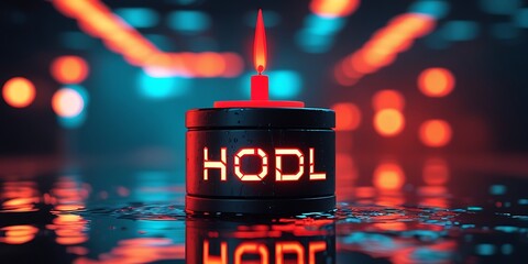 Burning candle with "HODL" text symbolizing cryptocurrency investment strategy. Glowing red and blue bokeh lights create a moody and futuristic financial concept

