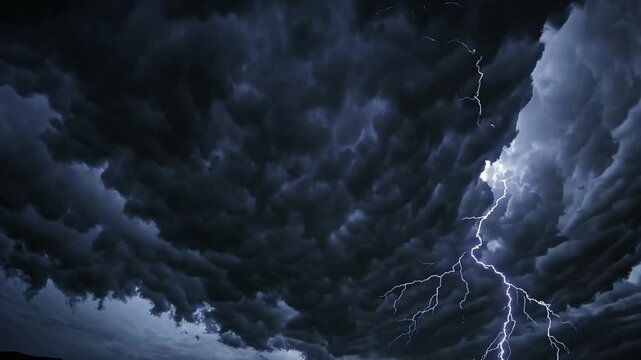 Dramatic thunderstorm with lightning bolt striking through dark clouds, intense and powerful nature concept