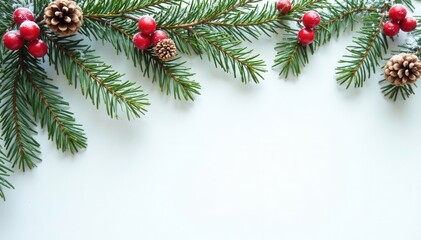 Fir branches intertwined with pinecones and holly berries against a snowy white background , holly, rustic, festive