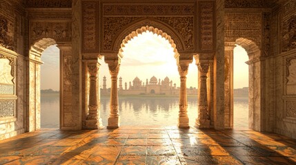 Obraz premium A classic Indian heritage room with ornate jharokhas framing a scenic view, bathed in natural sunlight, copy space.