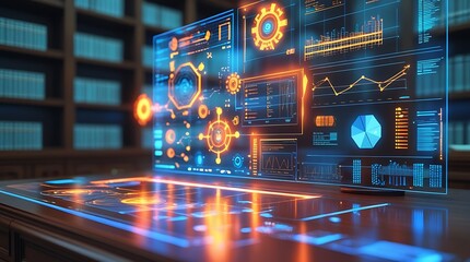 Futuristic digital interface with glowing orange and blue holographic data panels on a sleek control desk, depicting advanced technology, cybersecurity, and big data analytics

