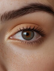 Obraz premium Close-up eye, freckles, makeup, neutral background, beauty