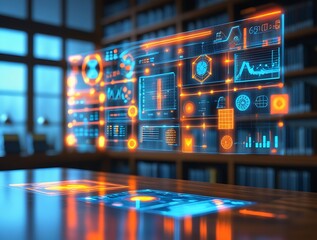 High-tech AI-powered virtual interface with neon blue and orange holographic data visualization, symbolizing digital transformation, cybersecurity, and artificial intelligence

