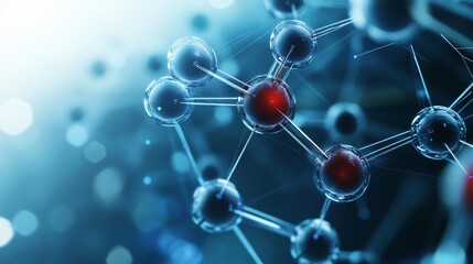 Close-up of a molecular structure with interconnected spheres, featuring a central red sphere