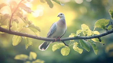 Obraz premium Serene Dove Perched on a Branch Bathed in Golden Sunlight A Peaceful Nature Scene