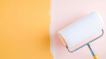 Obraz premium Fresh paint roller on wall, showcasing vibrant color transition