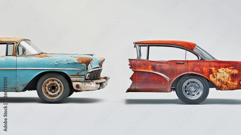 Poster comparison of a dented rusted car and a perfectly repaired vehicle showcasing transformation in auto