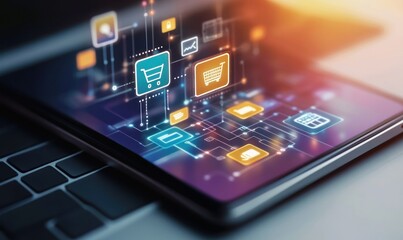 Digital shopping interface on a tablet, showcasing e-commerce icons and connectivity.
