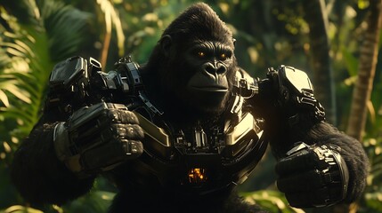 A powerful, muscular gorilla, clad in dark metallic armor, stands amidst lush, vibrant green jungle foliage, illuminated by warm, golden sunlight filtering through the dense canopy. The gorilla's