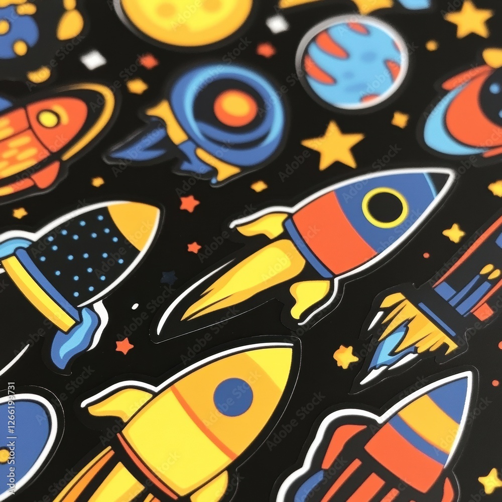 Aufkleber vibrant collection of rocket stickers against a black space themed background with planets and stars