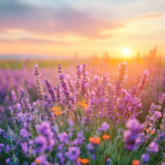Naklejka premium Serene sunset over lavender field.